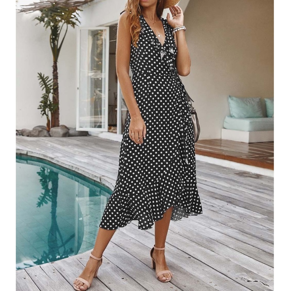 Black Polka Dot Ruffle-Accent Wrap Dress